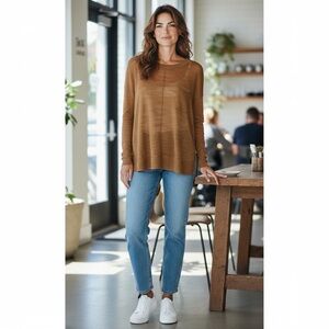 CLUB Monaco Semi Sheer Tawny Brown Slub Knit Top With Front Pocket Size XS